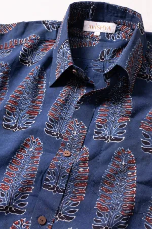 Blue Half Sleeve Ajrakh Printed Cotton Mens Shirt 10071096