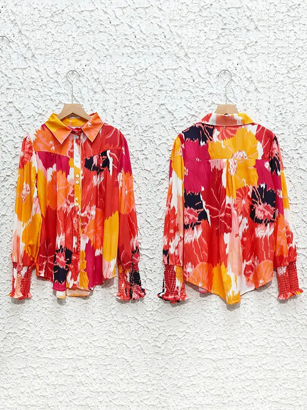 Casual Graffiti Printed Buttoned Puff Sleeves Long Sleeves Lapel Collar Blouses