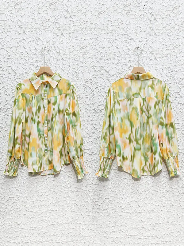 Casual Graffiti Printed Buttoned Puff Sleeves Long Sleeves Lapel Collar Blouses