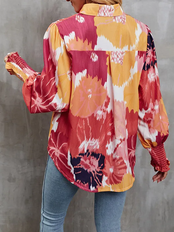 Casual Graffiti Printed Buttoned Puff Sleeves Long Sleeves Lapel Collar Blouses