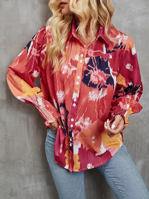 Casual Graffiti Printed Buttoned Puff Sleeves Long Sleeves Lapel Collar Blouses