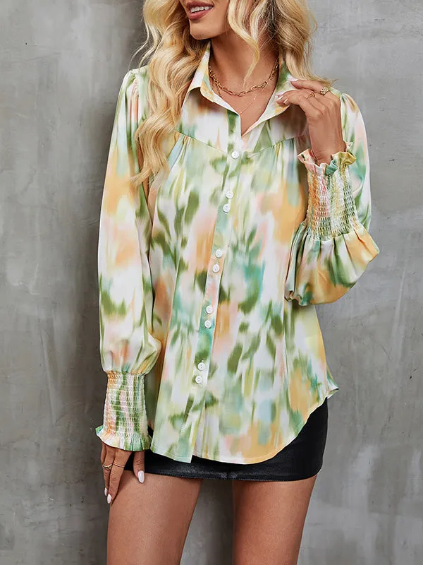 Casual Graffiti Printed Buttoned Puff Sleeves Long Sleeves Lapel Collar Blouses