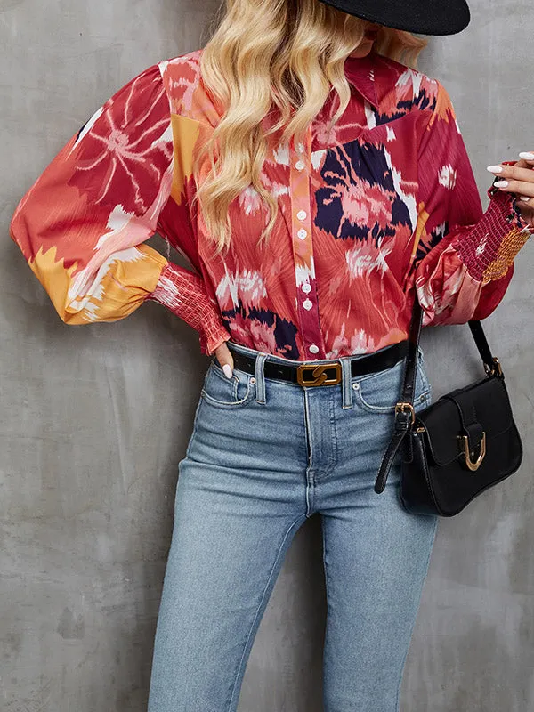 Casual Graffiti Printed Buttoned Puff Sleeves Long Sleeves Lapel Collar Blouses