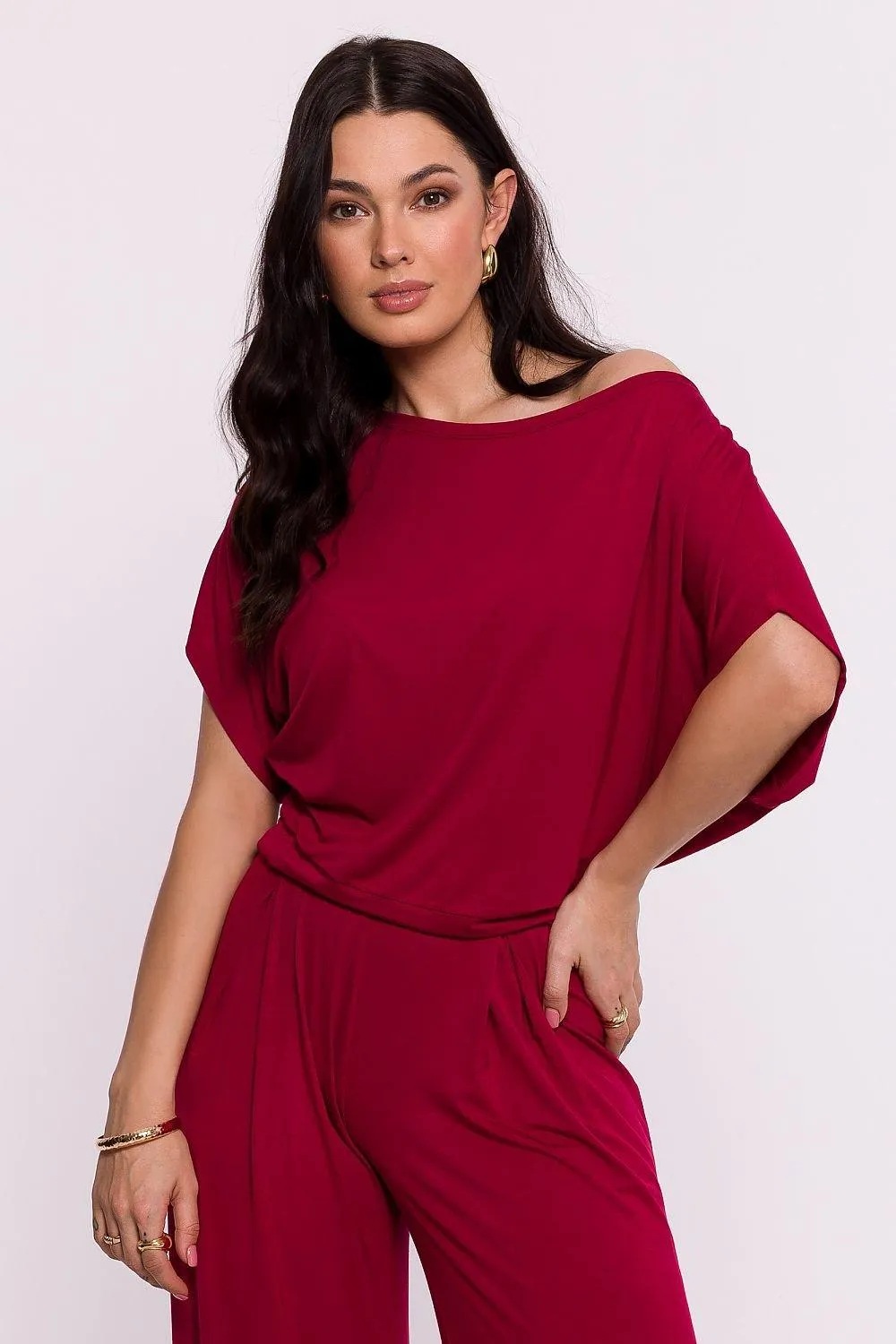 Chic Viscose Knit Blouse with Pleated Detailing