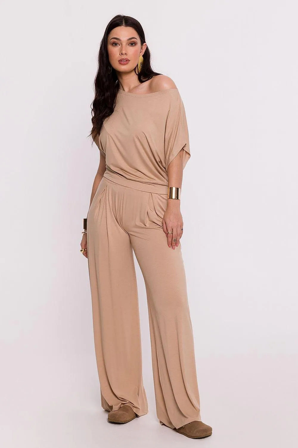 Chic Viscose Knit Blouse with Pleated Detailing