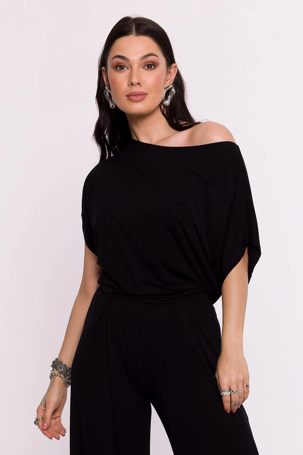 Chic Viscose Knit Blouse with Pleated Detailing