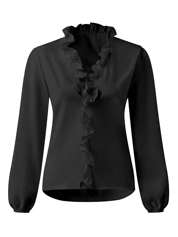 Chicmy-Puff Sleeves Falbala Solid Color V-Neck Blouses