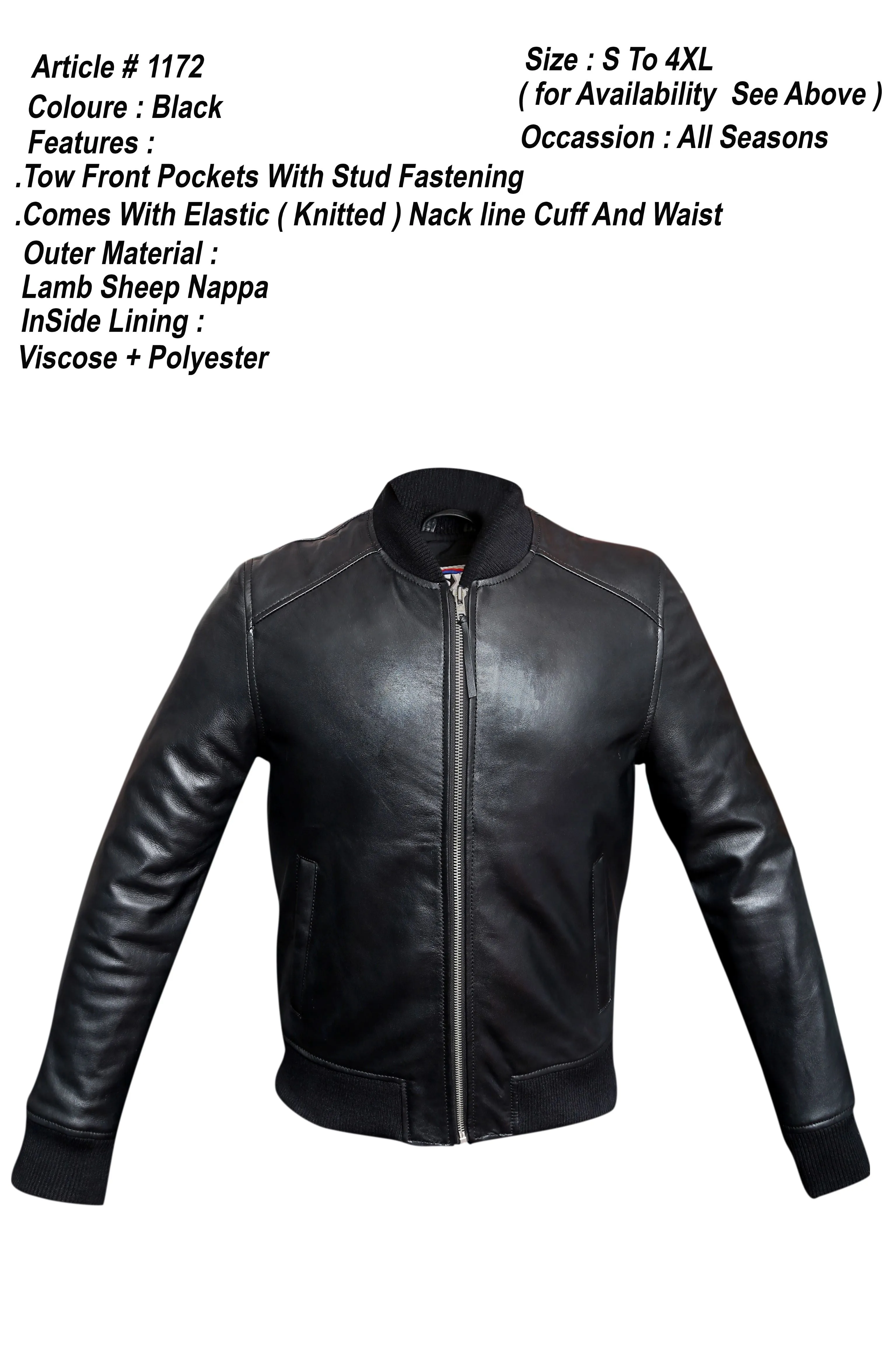 Classic Blouson Pilot Bomber Sheep Nappa Black Leather Jacket 1172