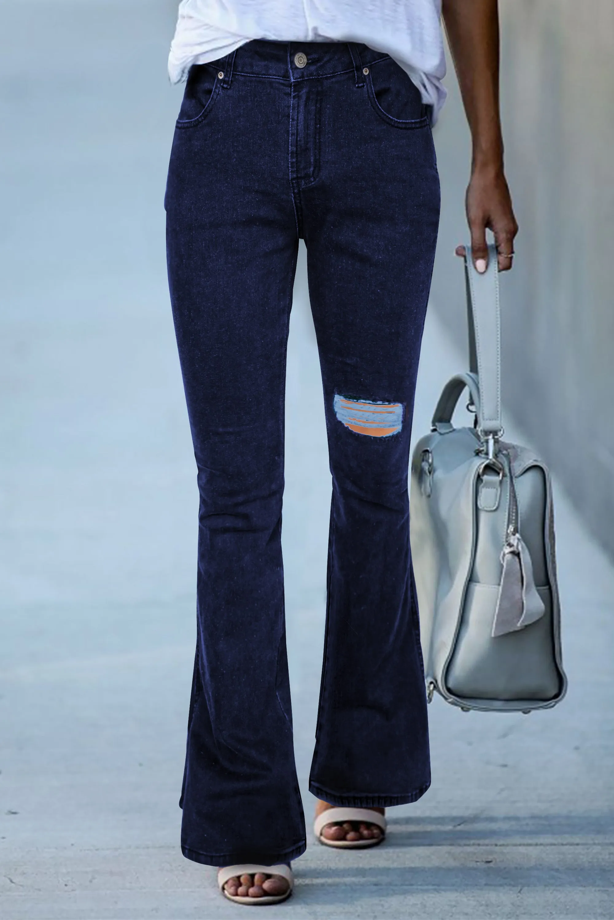 Dark Blue Ripped Slit Legs Flare Jeans
