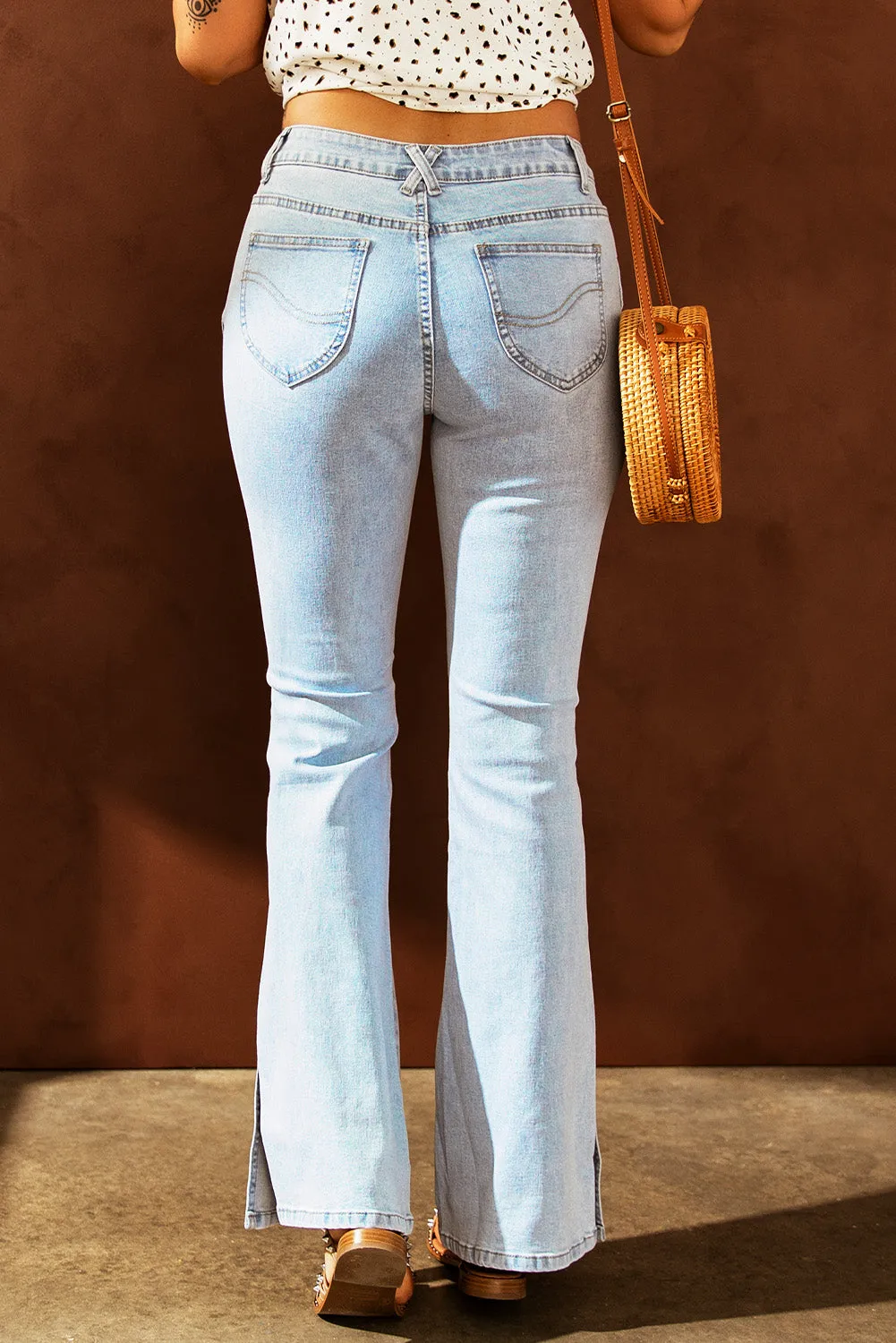 Dark Blue Ripped Slit Legs Flare Jeans