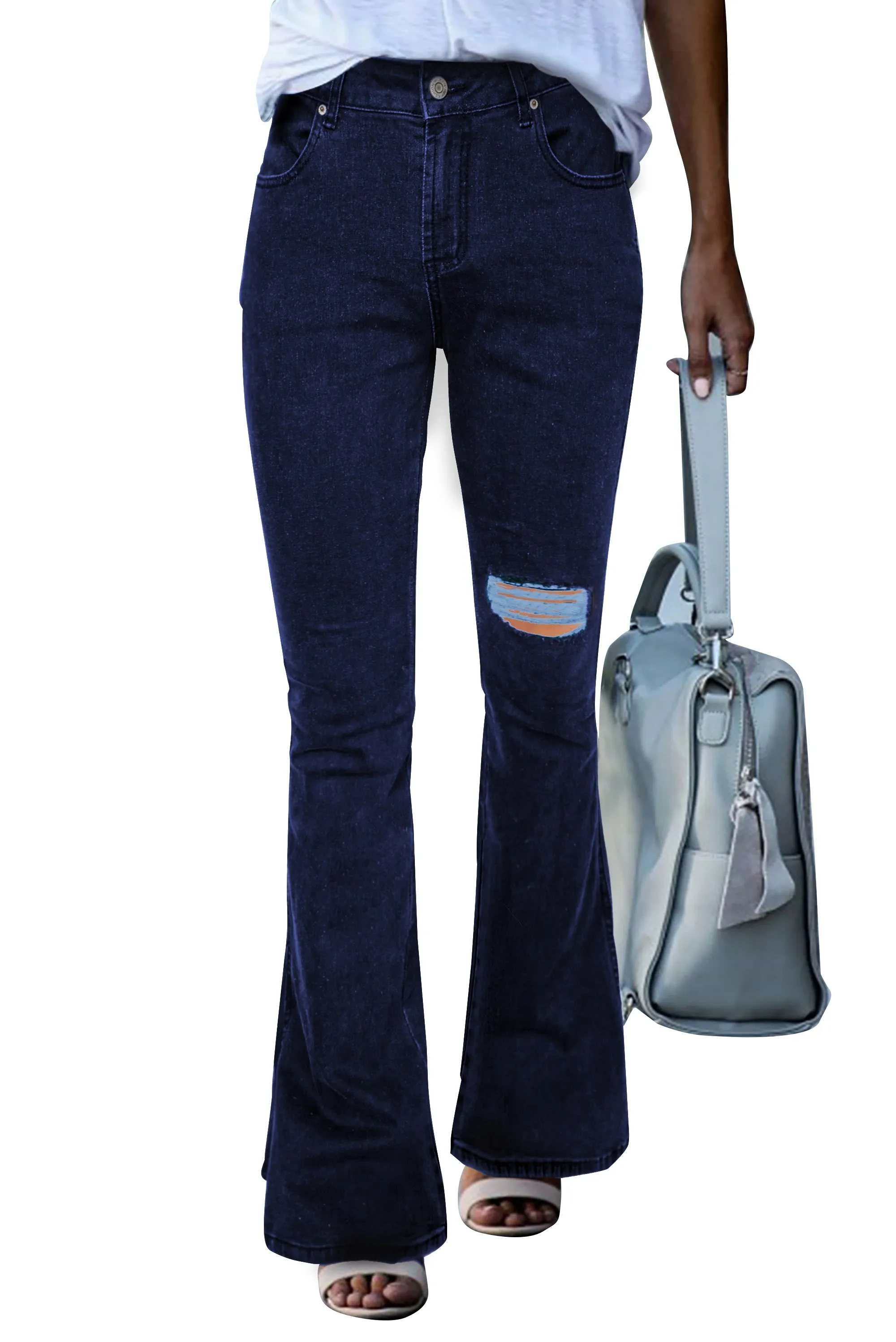 Dark Blue Ripped Slit Legs Flare Jeans