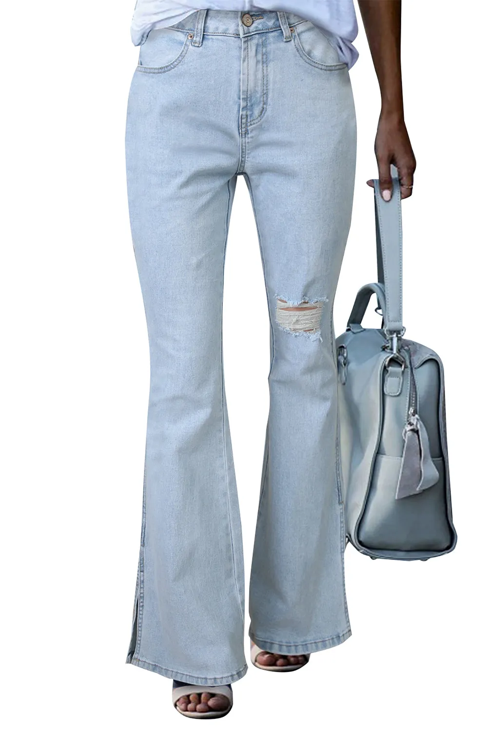 Dark Blue Ripped Slit Legs Flare Jeans