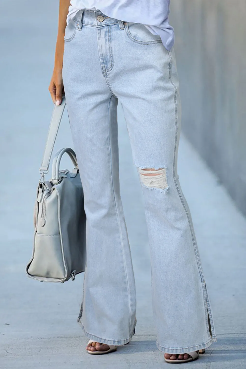 Dark Blue Ripped Slit Legs Flare Jeans