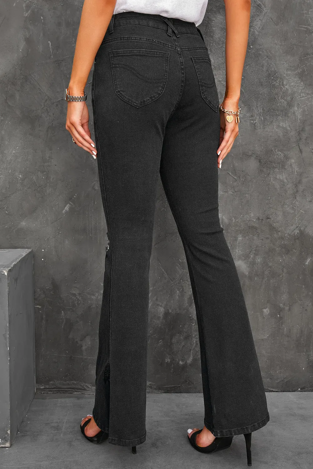 Dark Blue Ripped Slit Legs Flare Jeans