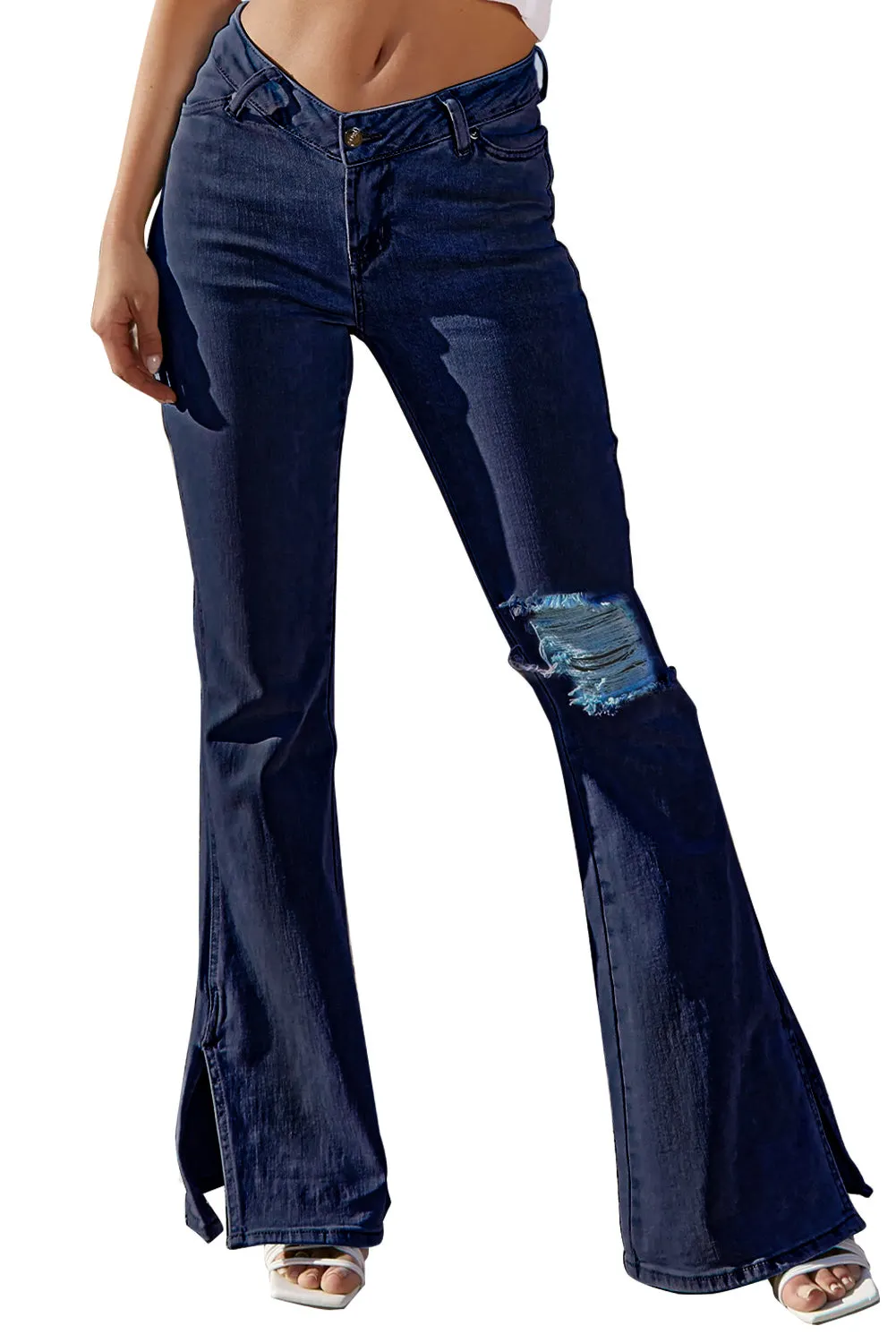 Dark Blue Ripped Slit Legs Flare Jeans