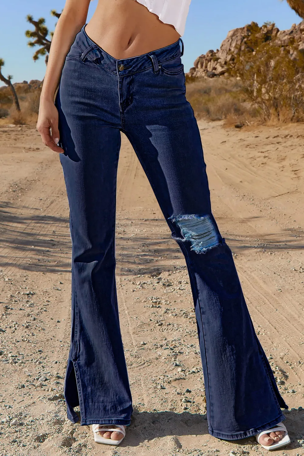 Dark Blue Ripped Slit Legs Flare Jeans