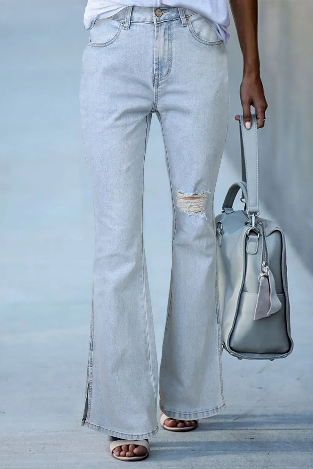 Dark Blue Ripped Slit Legs Flare Jeans