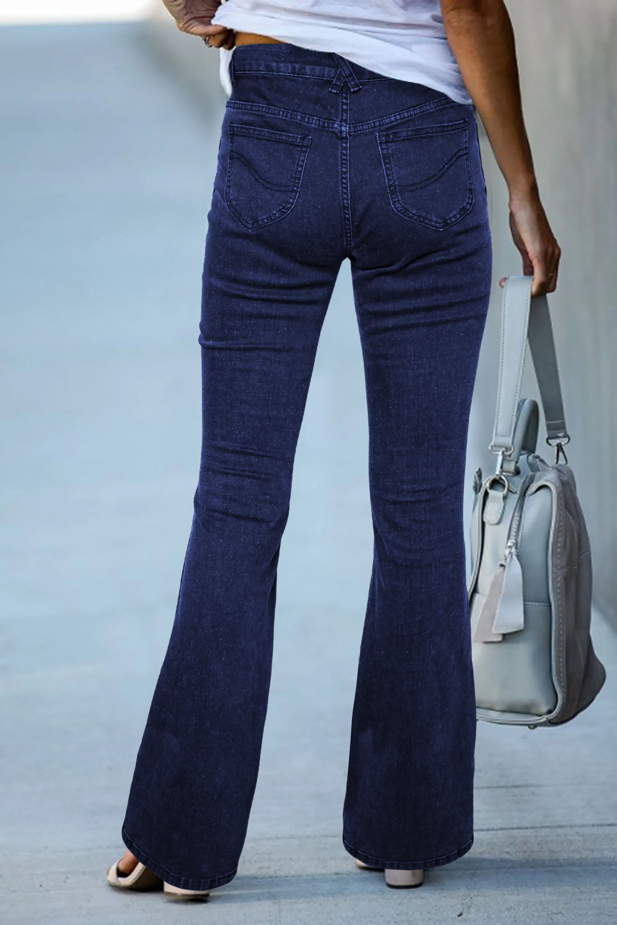 Dark Blue Ripped Slit Legs Flare Jeans