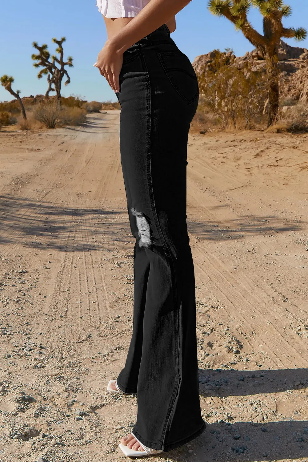 Dark Blue Ripped Slit Legs Flare Jeans
