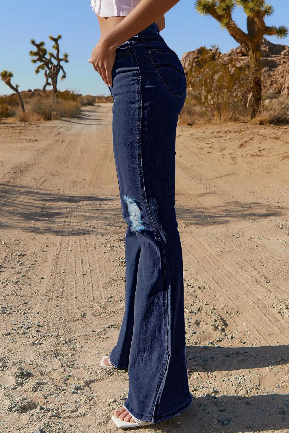 Dark Blue Ripped Slit Legs Flare Jeans