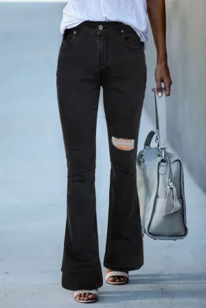 Dark Blue Ripped Slit Legs Flare Jeans