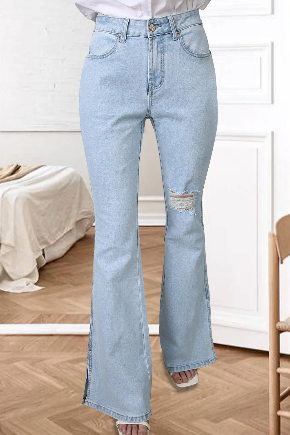Dark Blue Ripped Slit Legs Flare Jeans