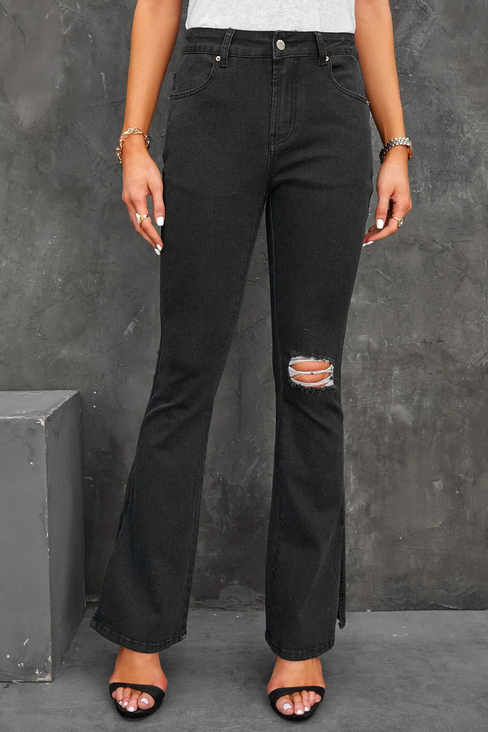 Dark Blue Ripped Slit Legs Flare Jeans