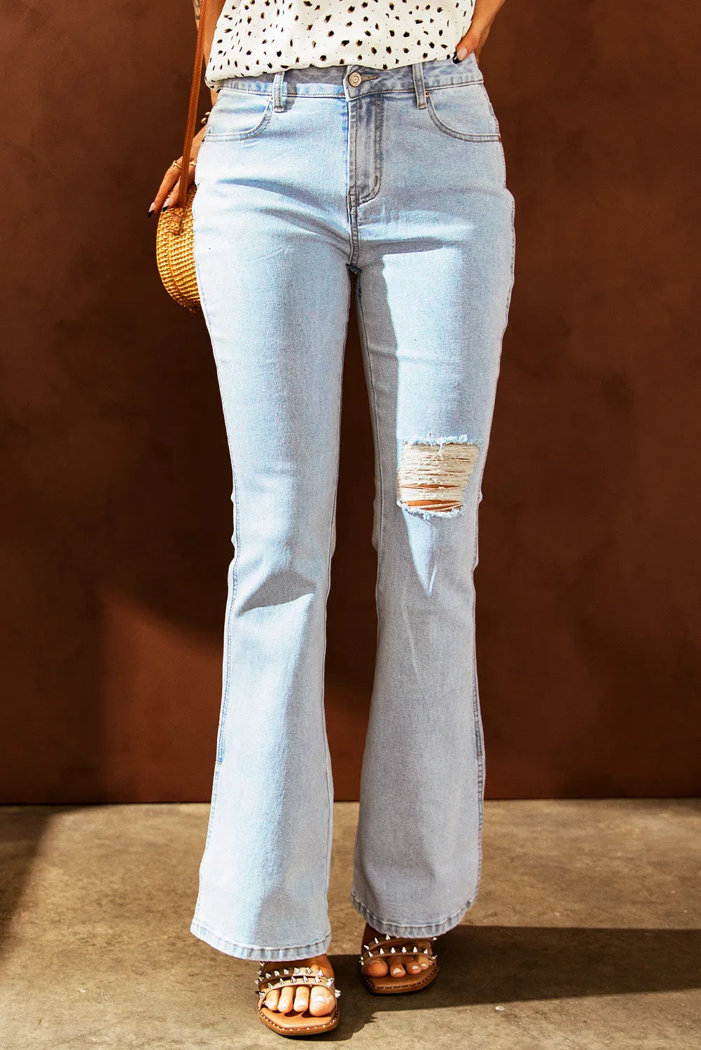 Dark Blue Ripped Slit Legs Flare Jeans