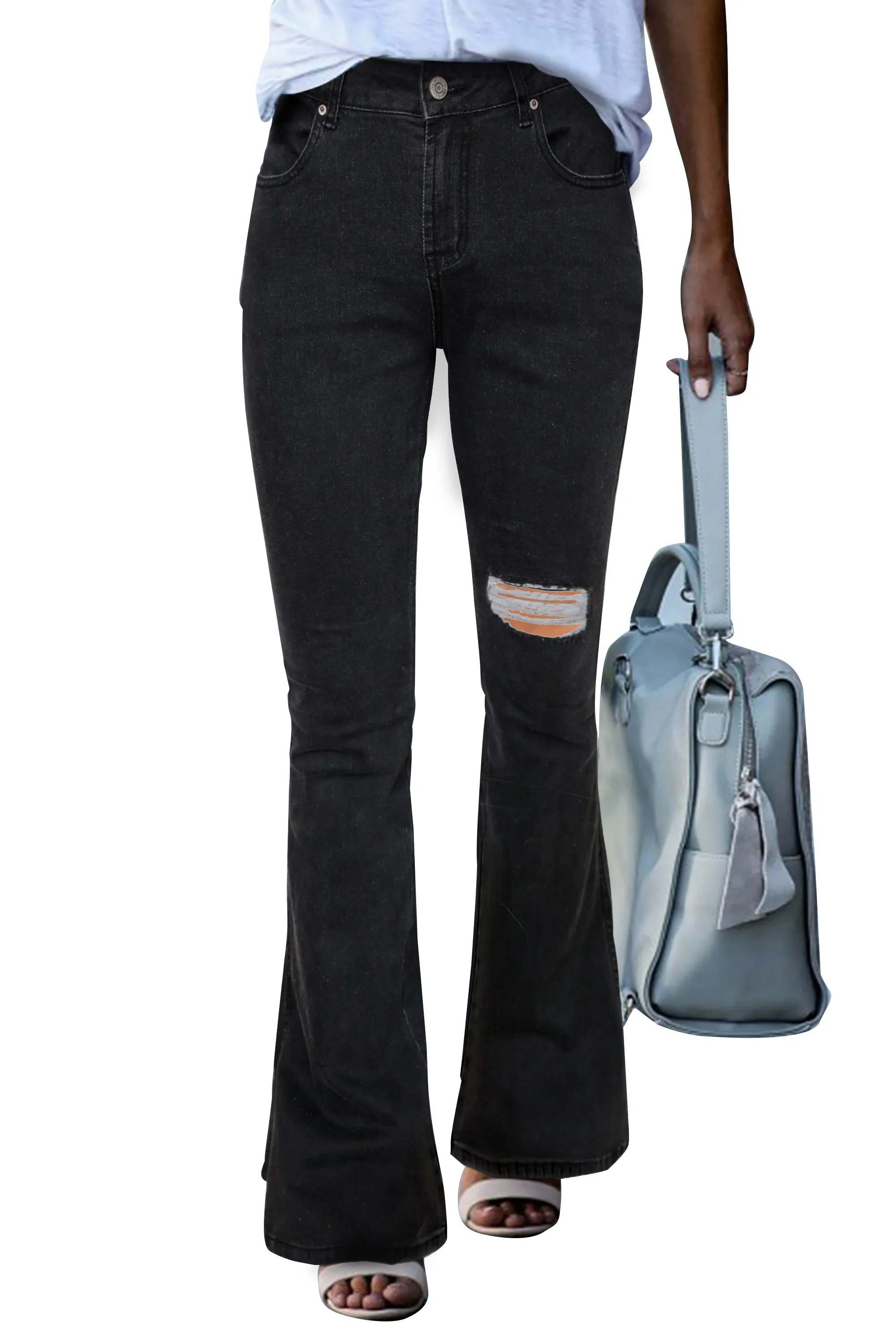 Dark Blue Ripped Slit Legs Flare Jeans