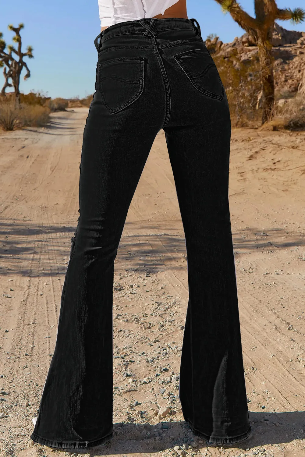 Dark Blue Ripped Slit Legs Flare Jeans