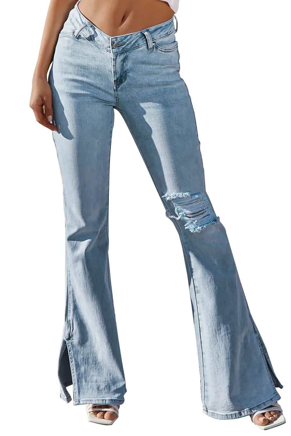 Dark Blue Ripped Slit Legs Flare Jeans