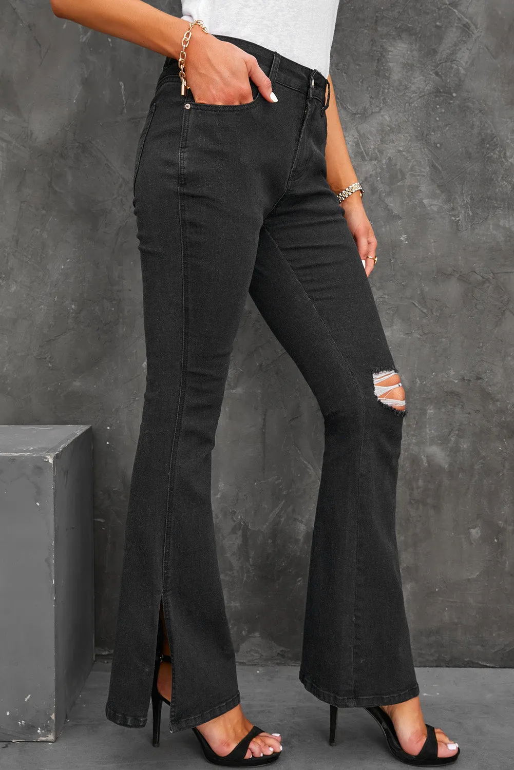 Dark Blue Ripped Slit Legs Flare Jeans