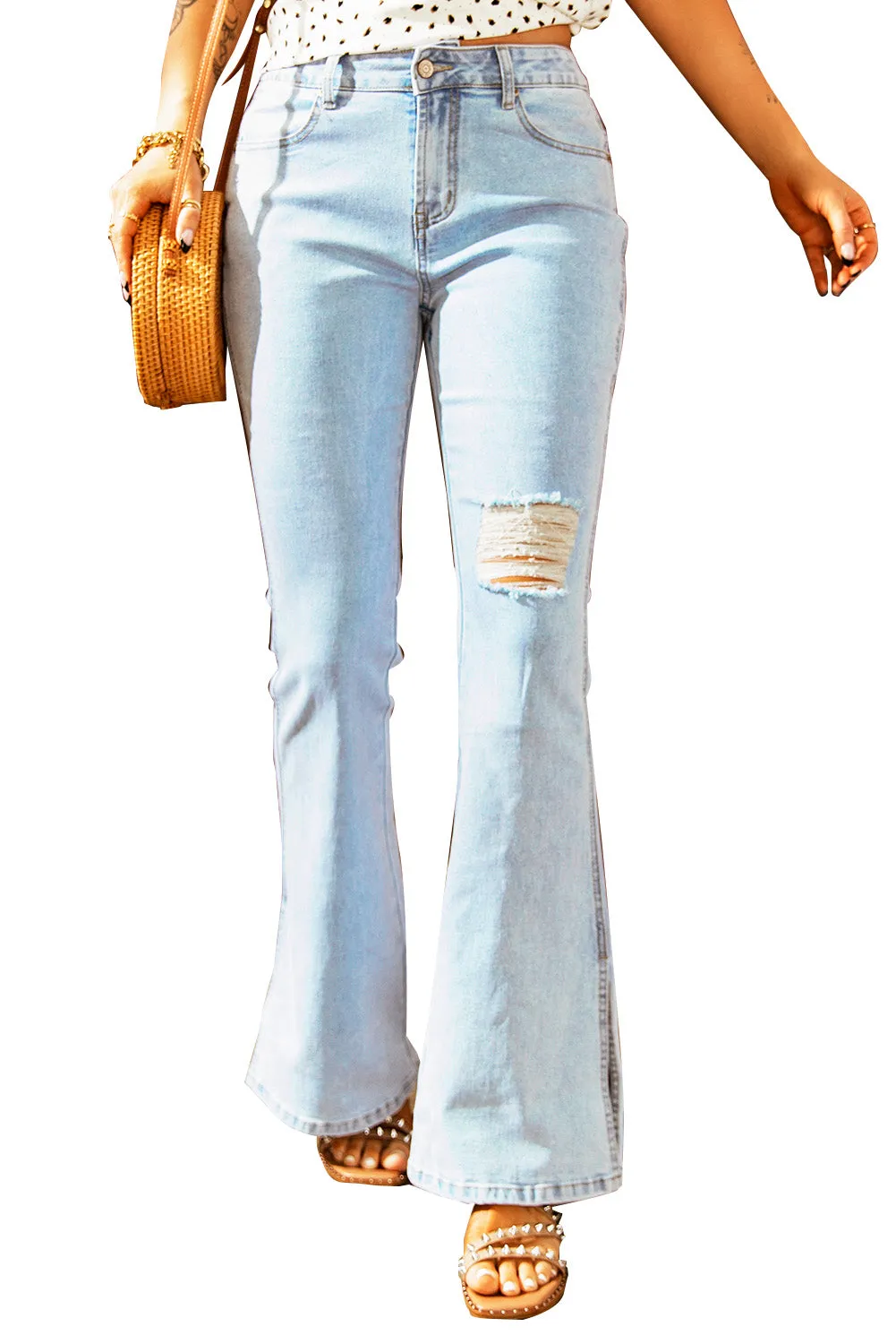 Dark Blue Ripped Slit Legs Flare Jeans