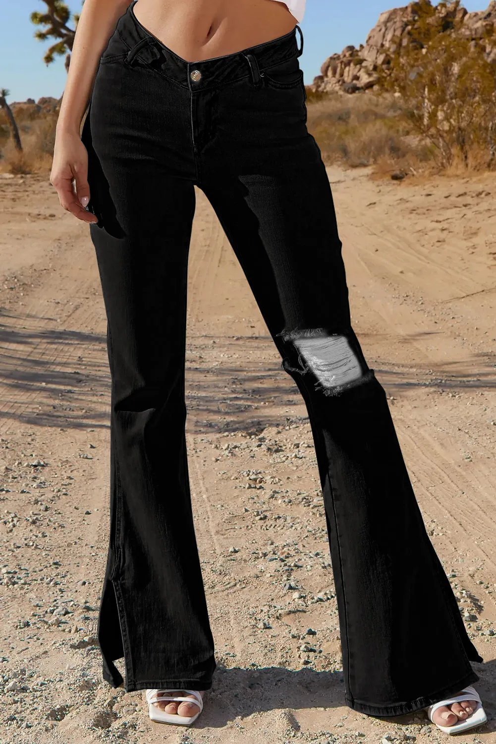 Dark Blue Ripped Slit Legs Flare Jeans