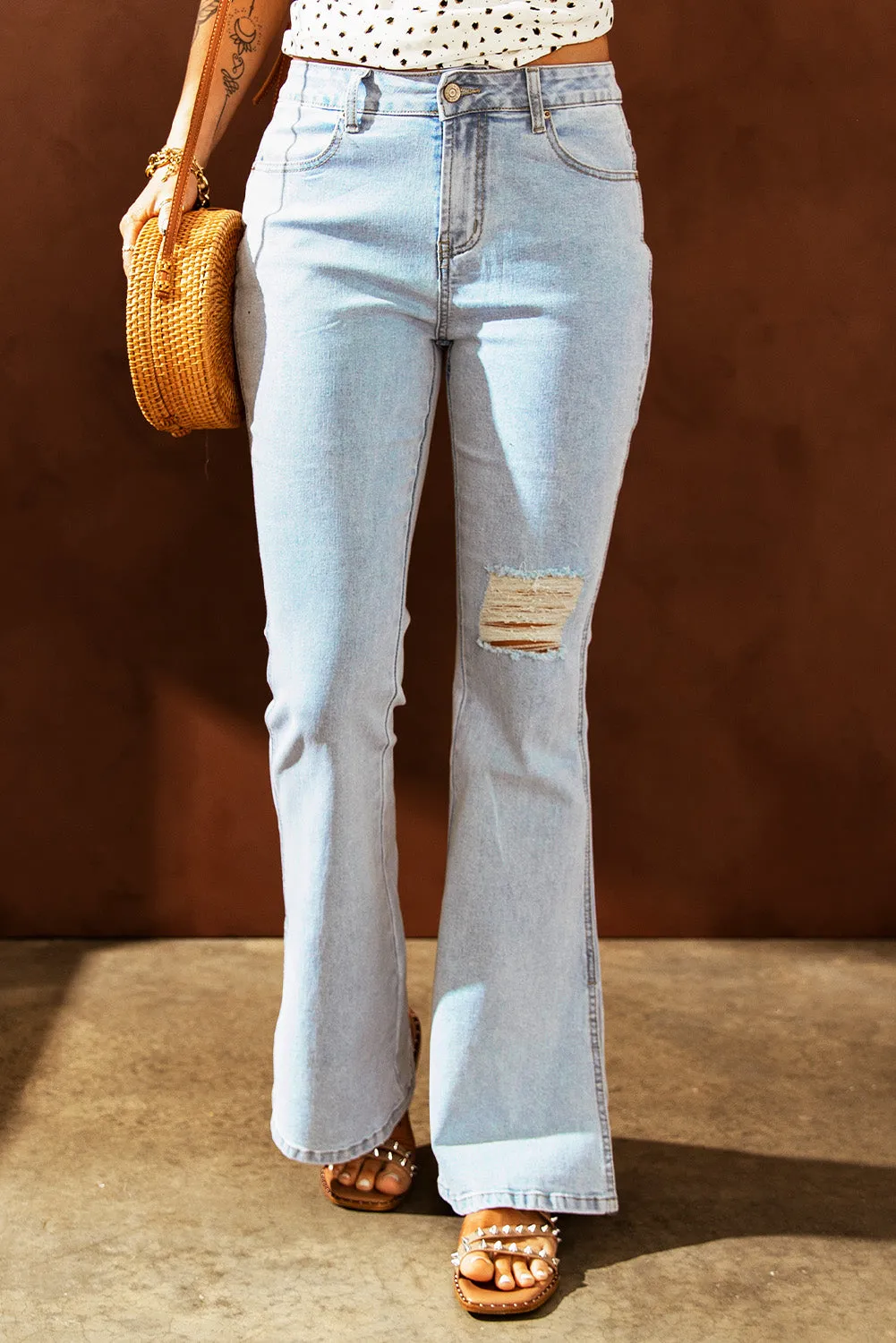 Dark Blue Ripped Slit Legs Flare Jeans