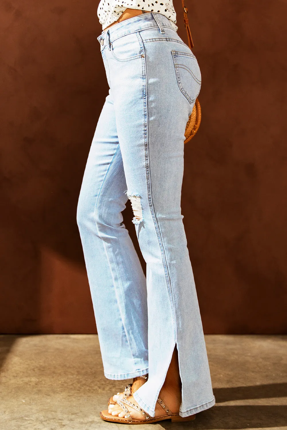 Dark Blue Ripped Slit Legs Flare Jeans