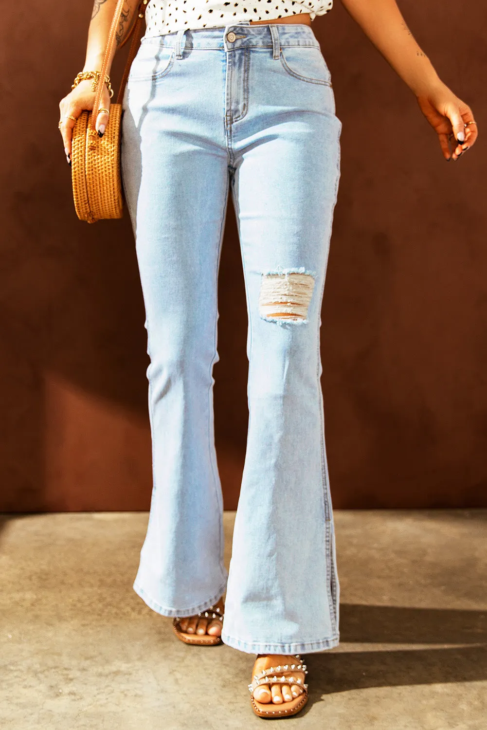 Dark Blue Ripped Slit Legs Flare Jeans
