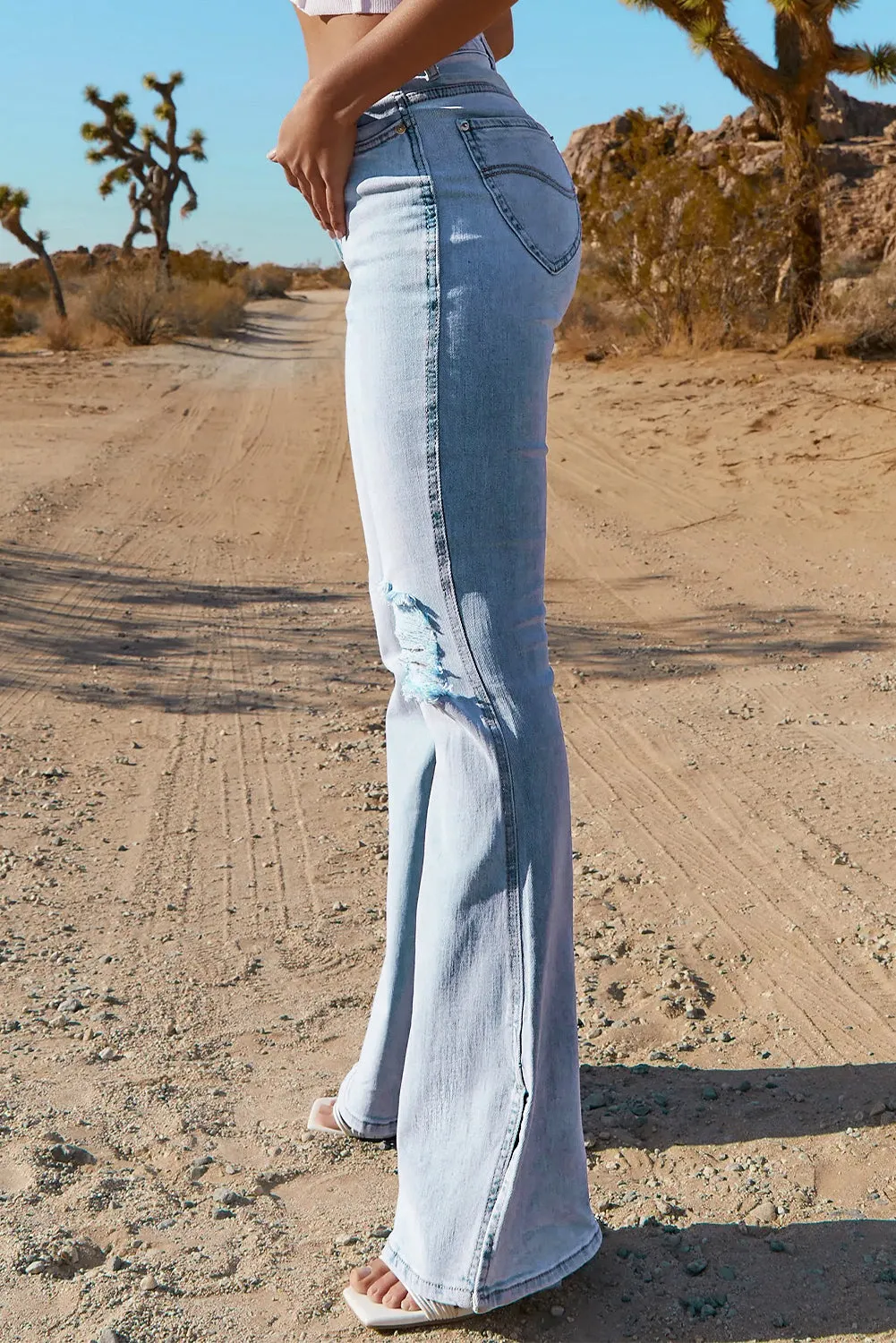 Dark Blue Ripped Slit Legs Flare Jeans