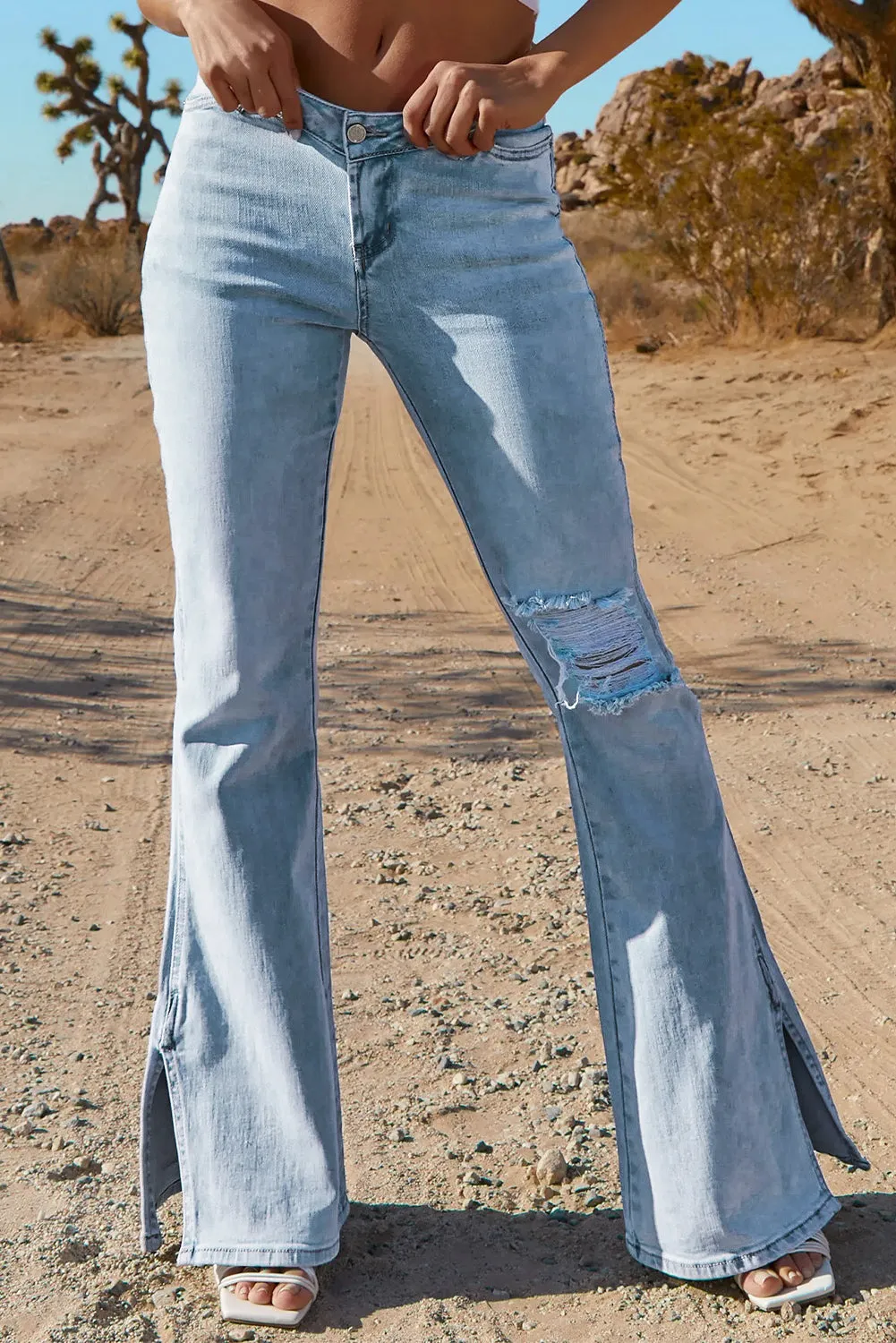 Dark Blue Ripped Slit Legs Flare Jeans