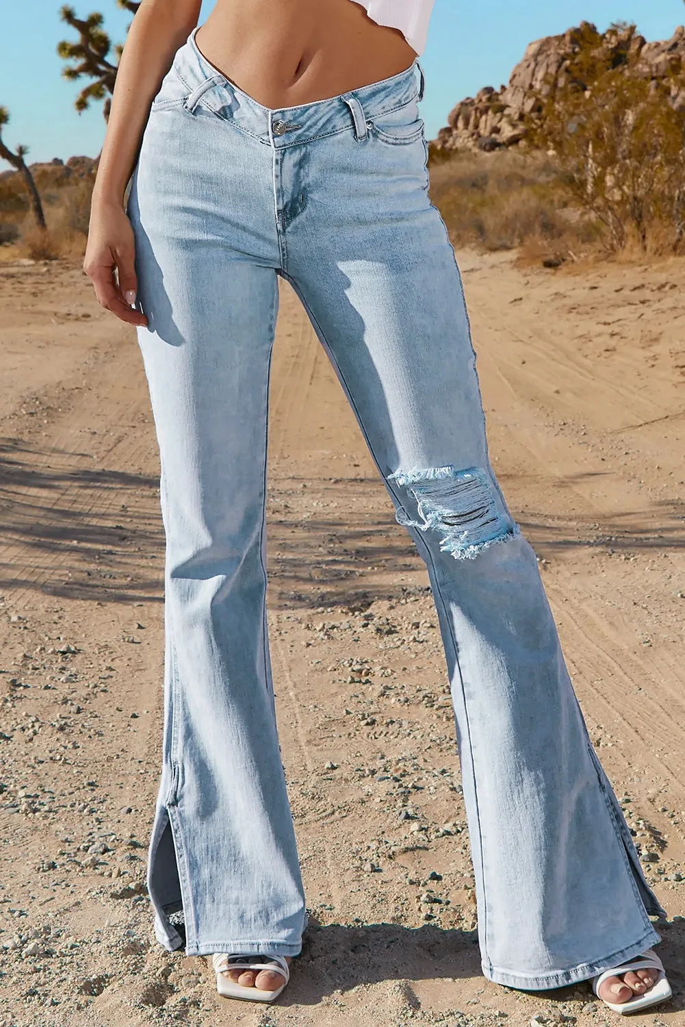 Dark Blue Ripped Slit Legs Flare Jeans
