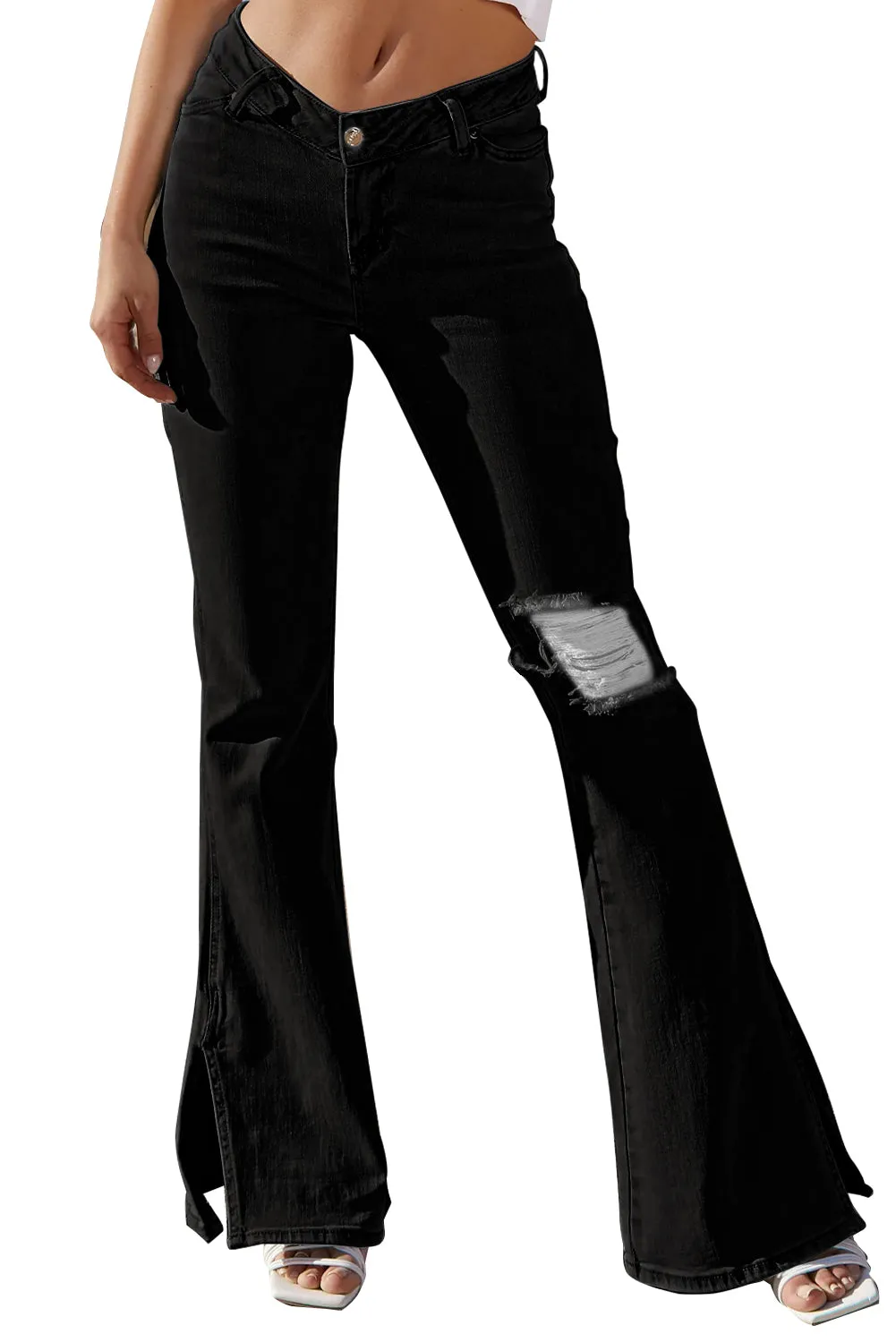 Dark Blue Ripped Slit Legs Flare Jeans