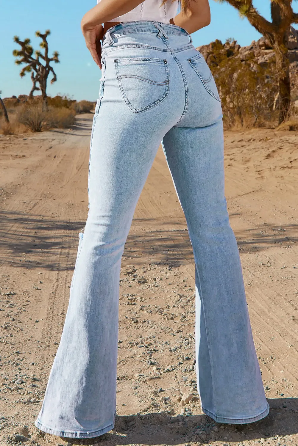 Dark Blue Ripped Slit Legs Flare Jeans