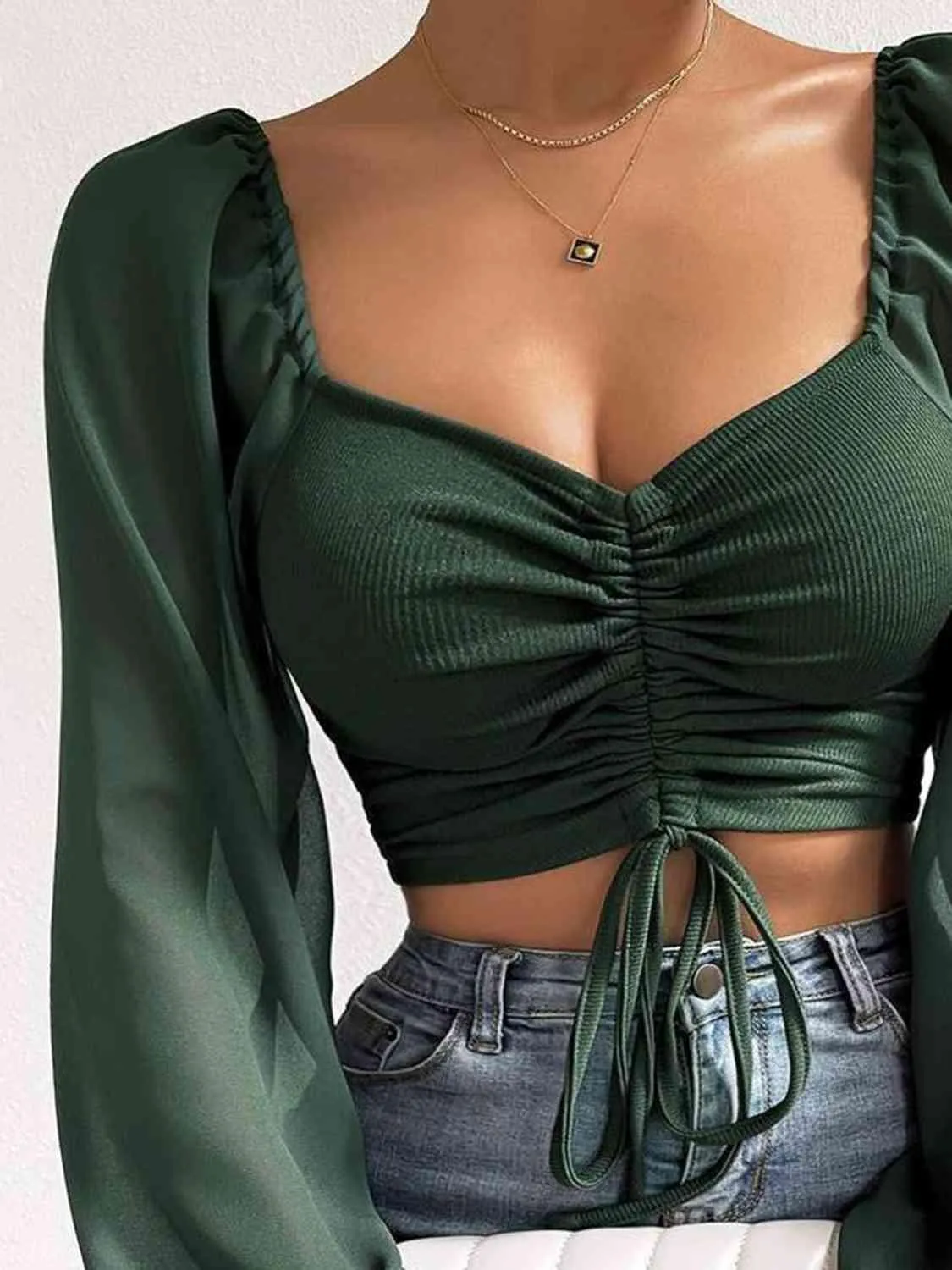 Drawstring Sweetheart Neck Crop Top