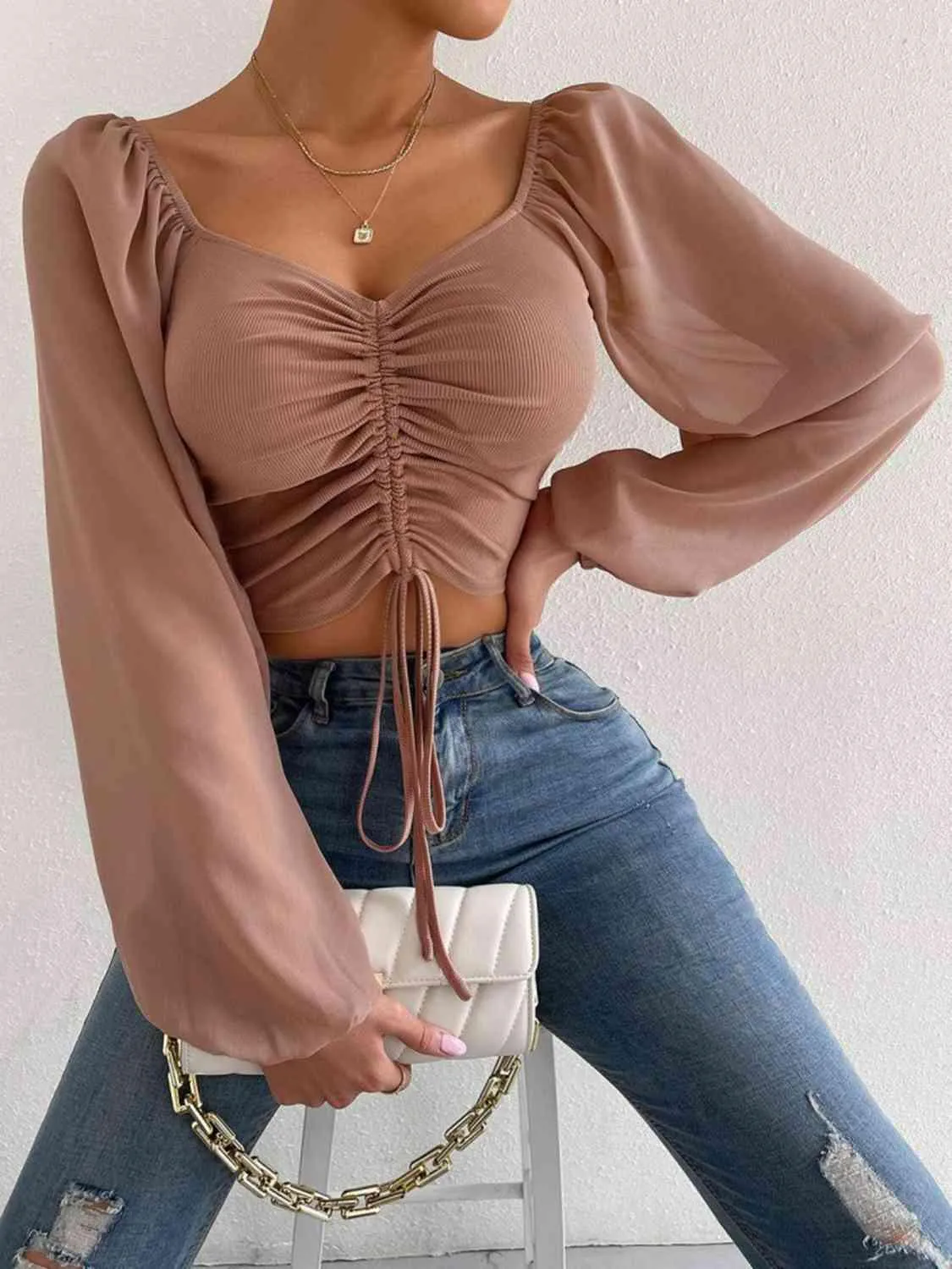 Drawstring Sweetheart Neck Crop Top