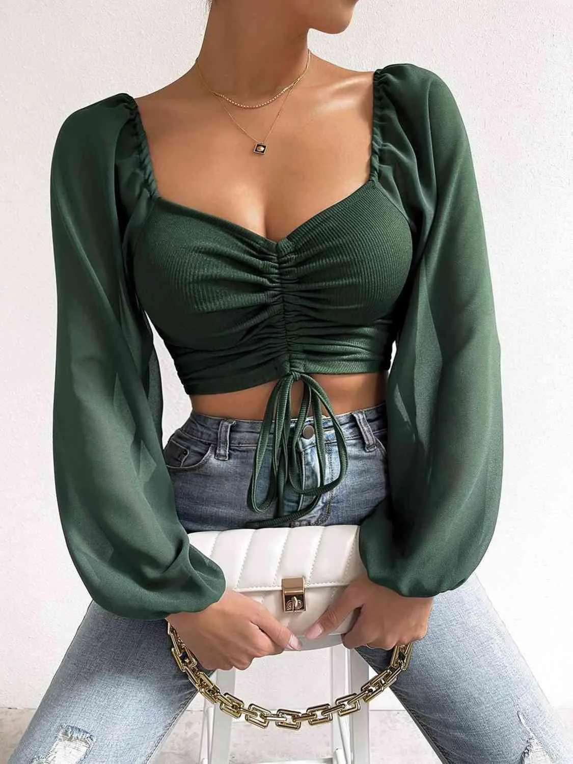 Drawstring Sweetheart Neck Crop Top