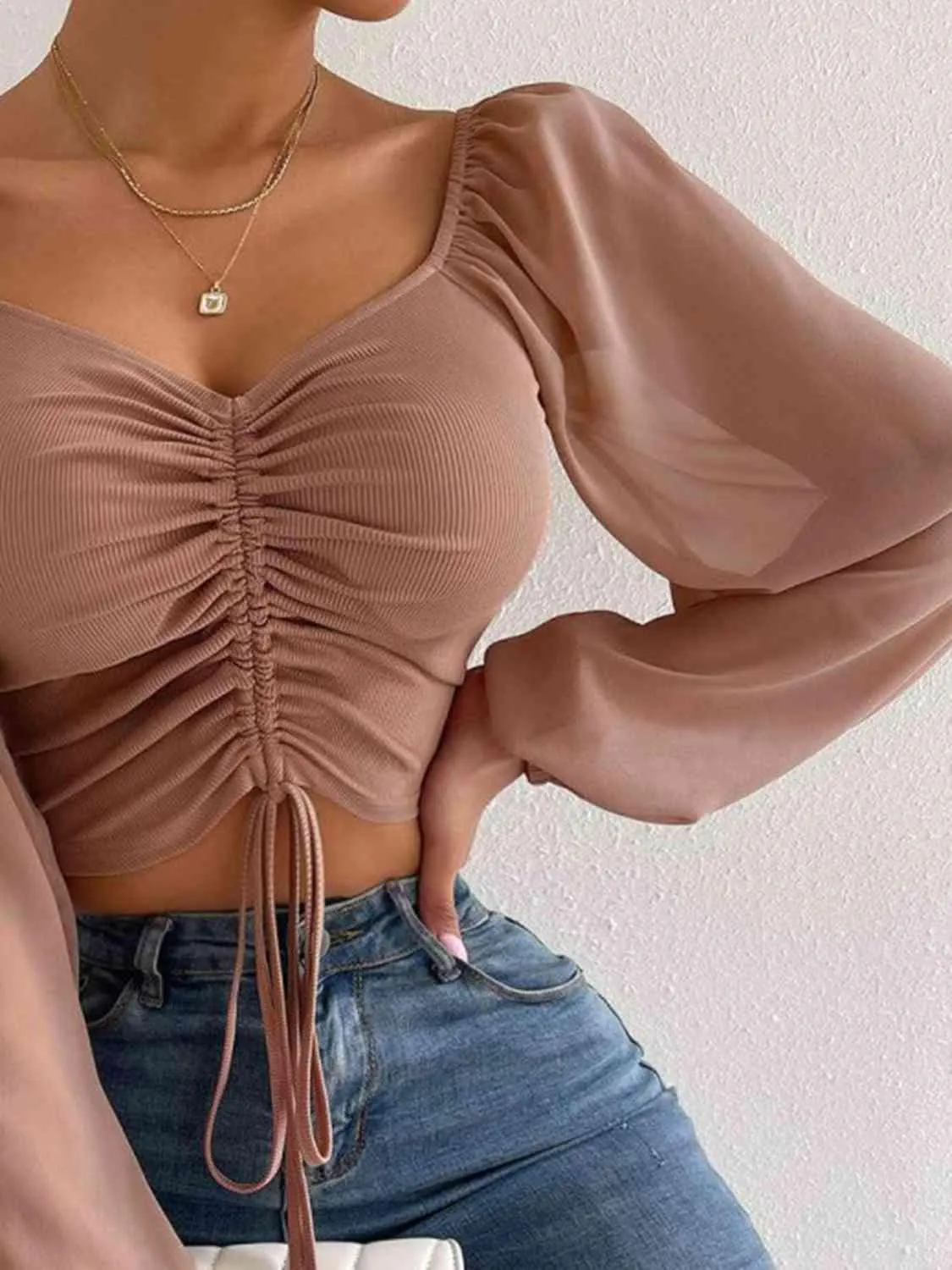 Drawstring Sweetheart Neck Crop Top