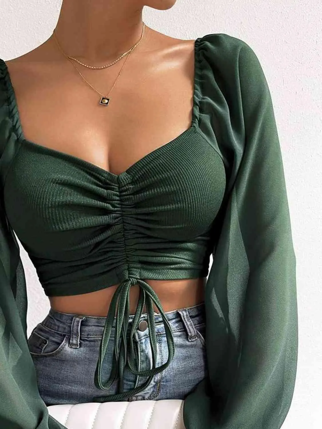 Drawstring Sweetheart Neck Crop Top