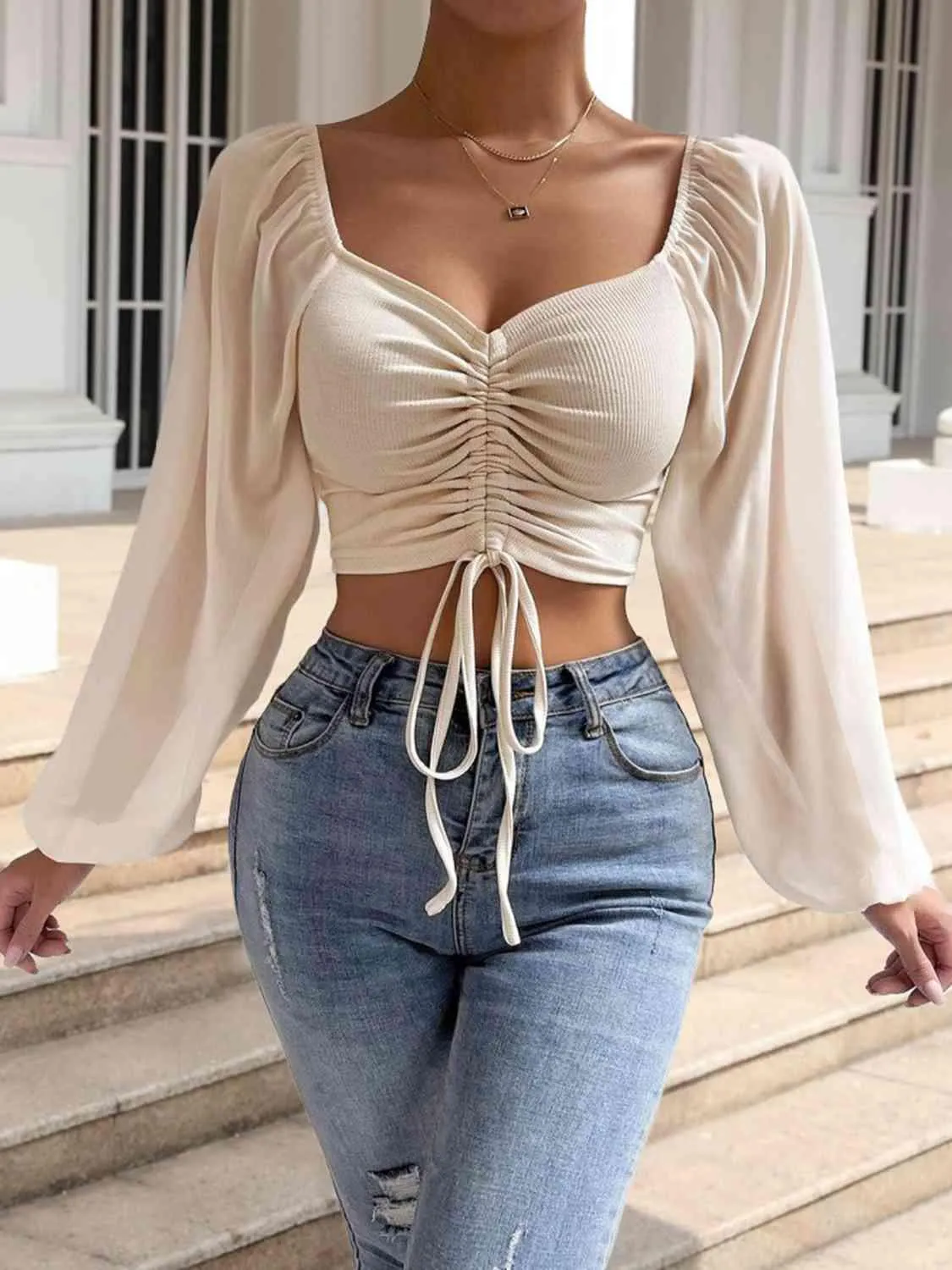 Drawstring Sweetheart Neck Crop Top