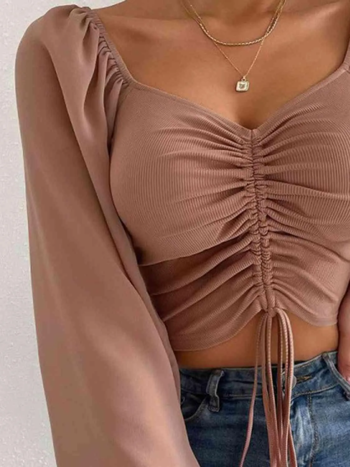 Drawstring Sweetheart Neck Crop Top