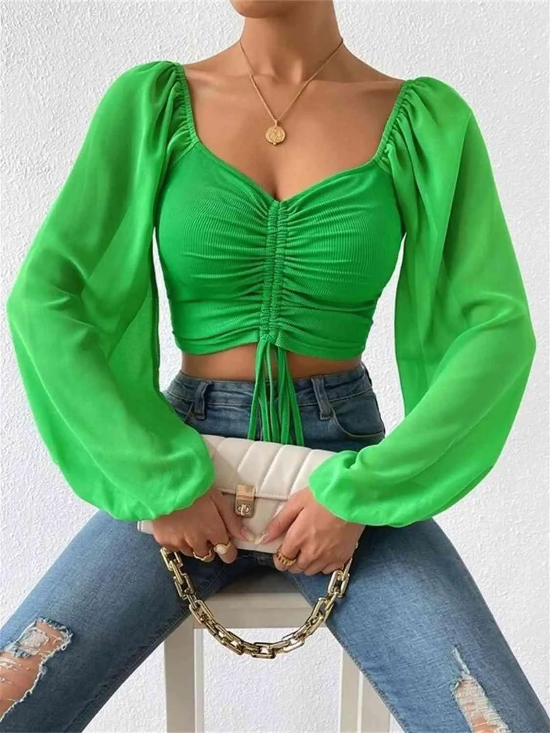 Drawstring Sweetheart Neck Crop Top